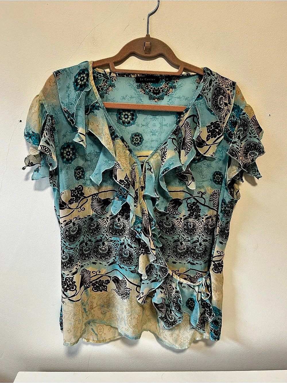 Le Caviar Floral Ruffle Blouse in Blue & Black Size XL